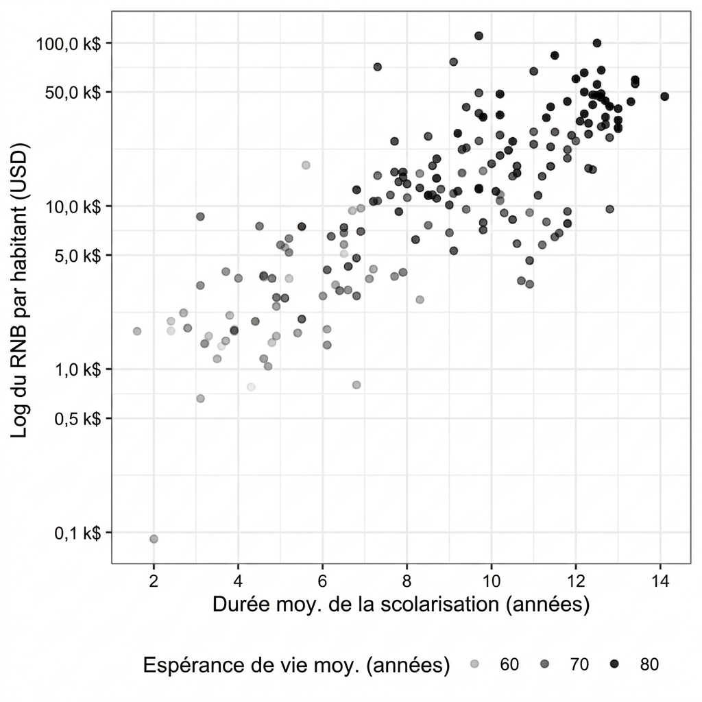 Nuage de points de l'espérance de vie selon le RNB avec l'espérance de vie représentée par la transparence