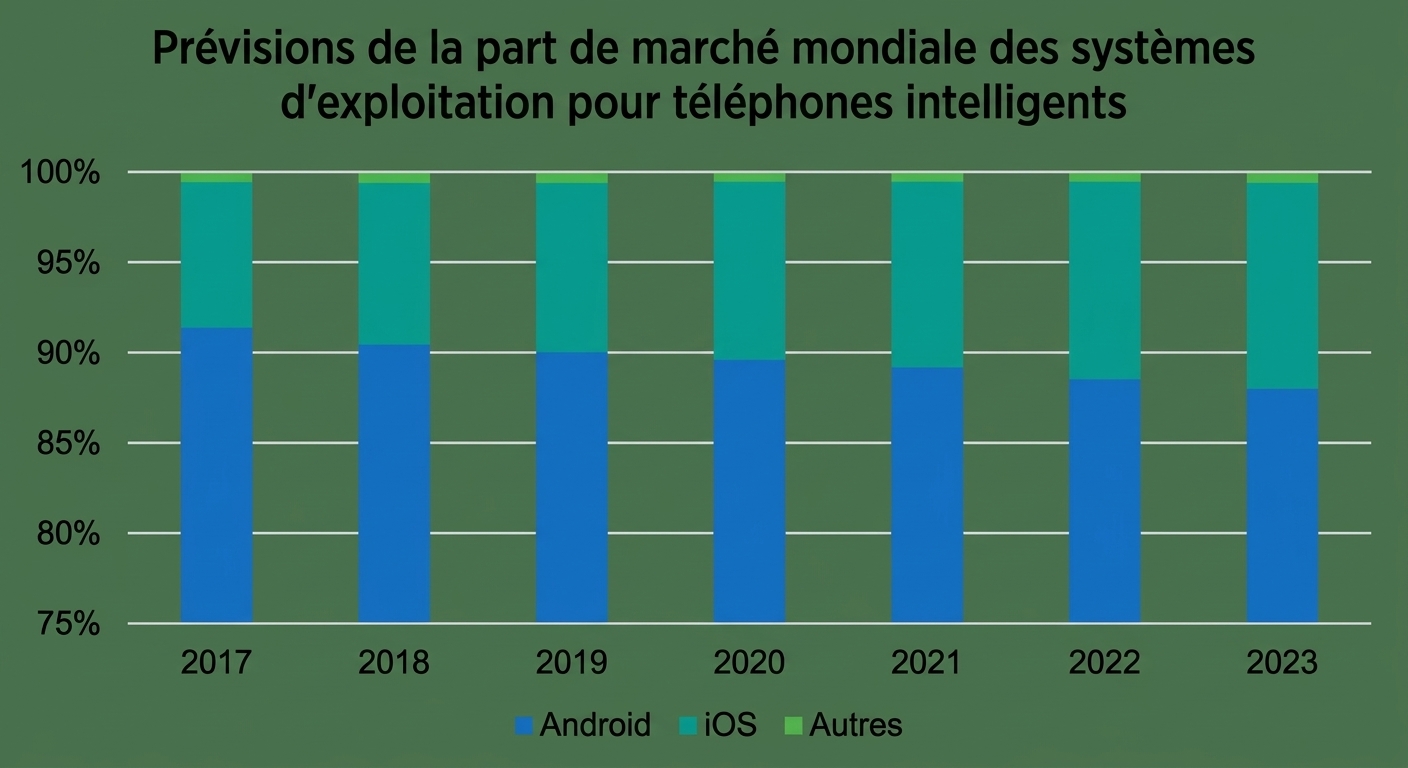 Diagramme à barres empilées d'une agence de marketing montrant des prévisions de parts de marché par système d'exploitation mobile. L'axe des y commence à 75 % au lieu de zéro.