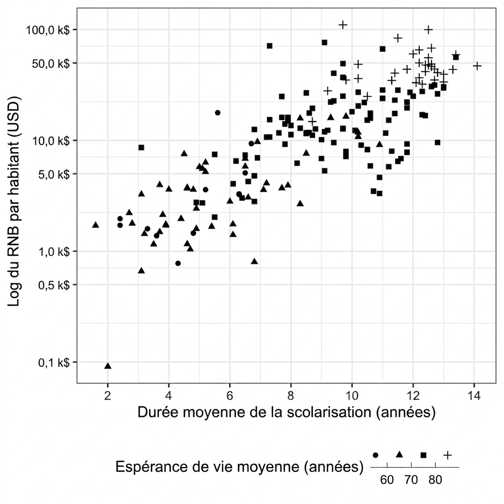 Nuage de points de l'espérance de vie selon le RNB avec l'espérance de vie représentée par la forme