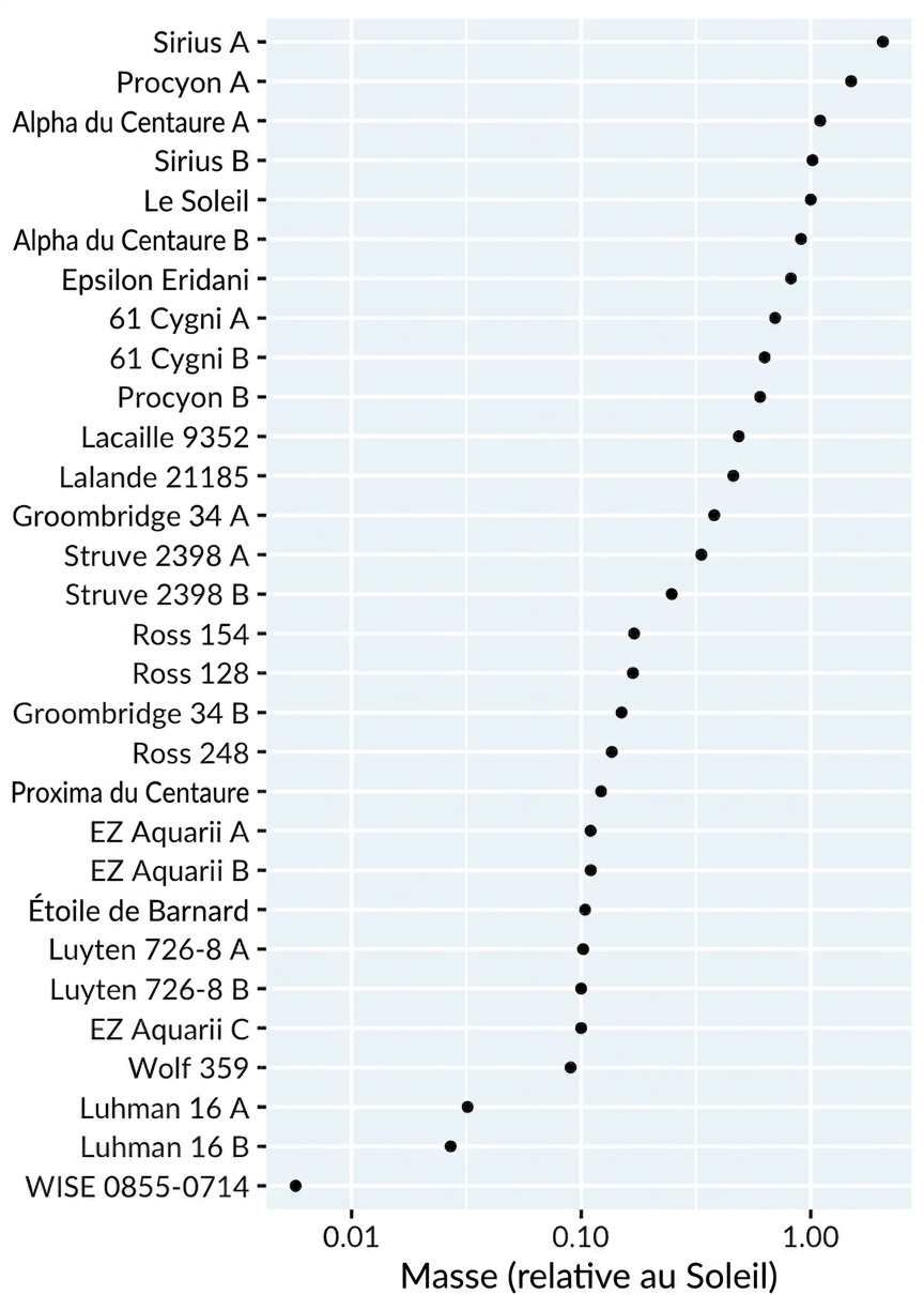 Un diagramme à bandes de la masse des étoiles proches par rapport au Soleil. Les étoiles sont classées de la plus massive à la moins massive. L'axe des x est en échelle logarithmique.