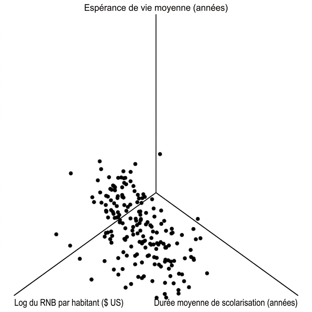 Autre nuage de points 3D de l'espérance de vie selon le revenu national brut et la durée de scolarité, sous un autre angle. C'est aussi brouillon.