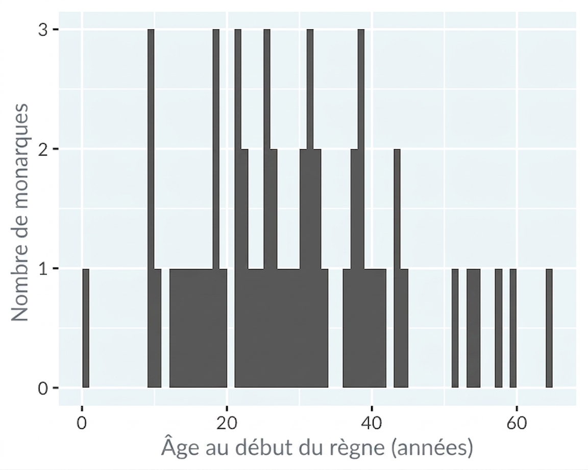 Histogramme de l'âge d'accession des monarques anglais et britanniques, avec une largeur de classe de 1 an.