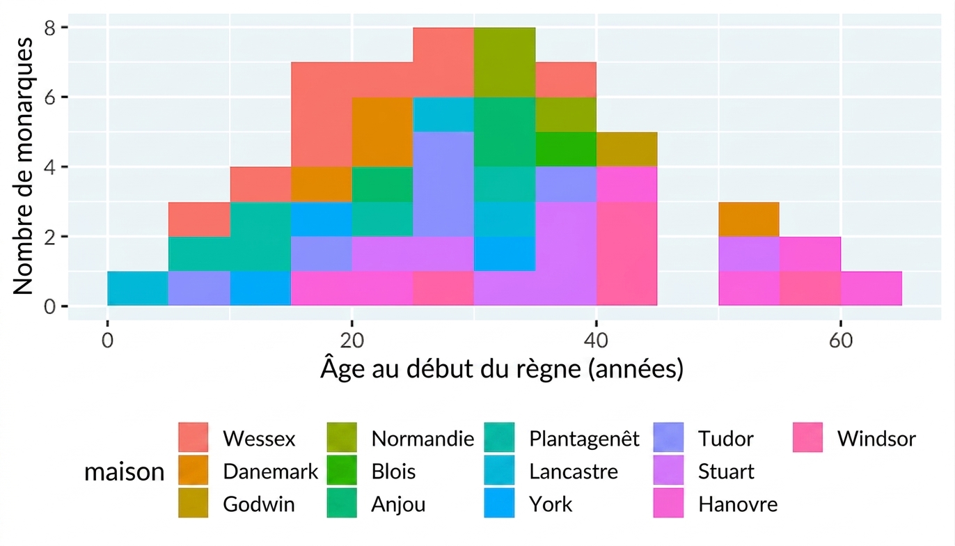 Un histogramme de l'âge au début du règne des rois et reines d'Angleterre, coloré par maisons royales. On dirait un monstre gélatineux d'un jeu vidéo des années 1980.