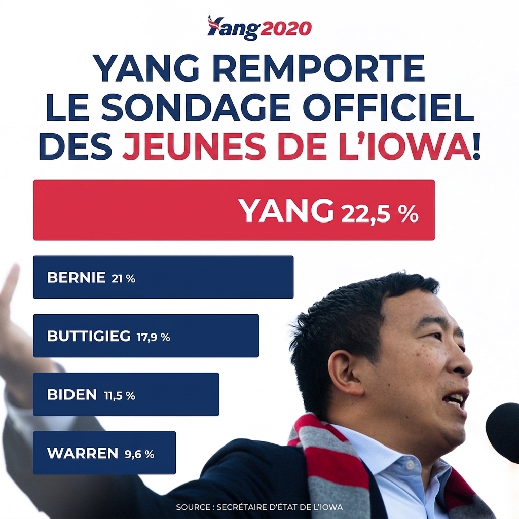 Affiche promotionnelle d'Andrew Yang avec un diagramme à barres. La longueur des barres n'est pas proportionnelle aux nombres indiqués.