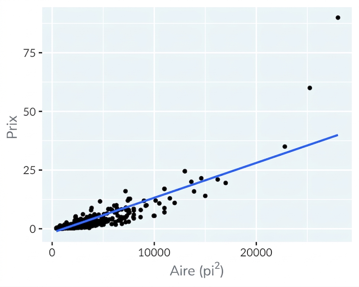 Nuage de points des prix des maisons de Los Angeles selon la superficie, avec des échelles linéaires sur les axes x et y. Une droite de tendance linéaire a été ajoutée, mais elle convient mal.