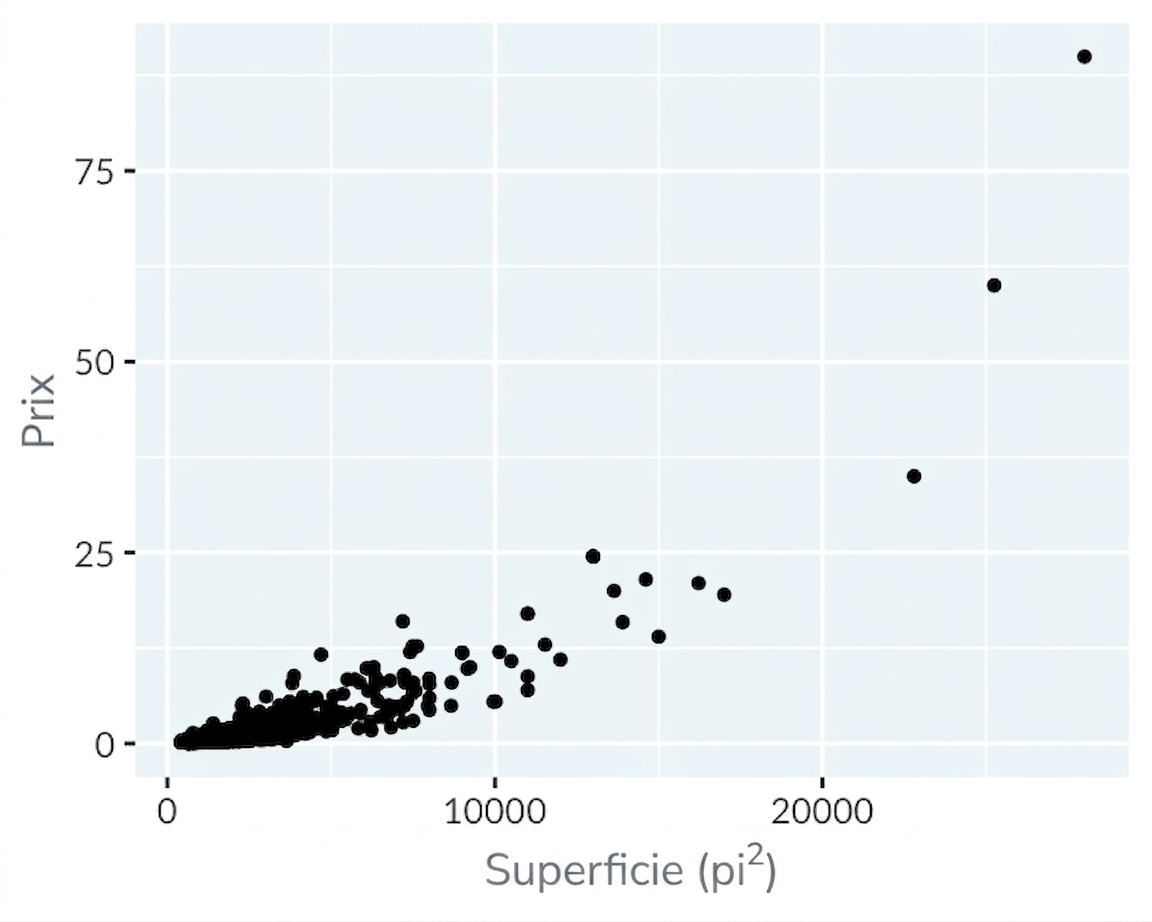 Nuage de points des prix des maisons de Los Angeles selon la superficie, avec des échelles linéaires sur les axes x et y.