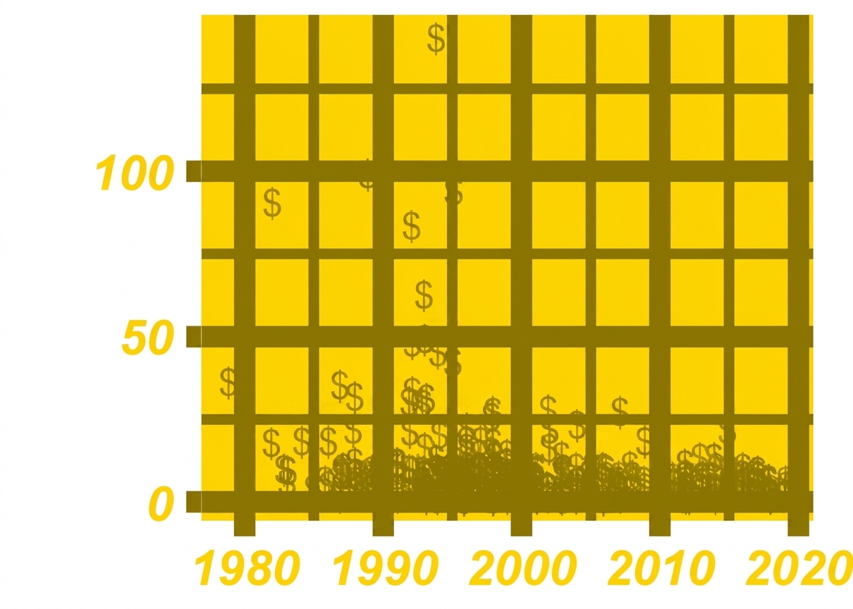 A scatter plot of critically acclaimed hip-hop songs over time, with added bling, such as a gold background and dollar signs instead of points.