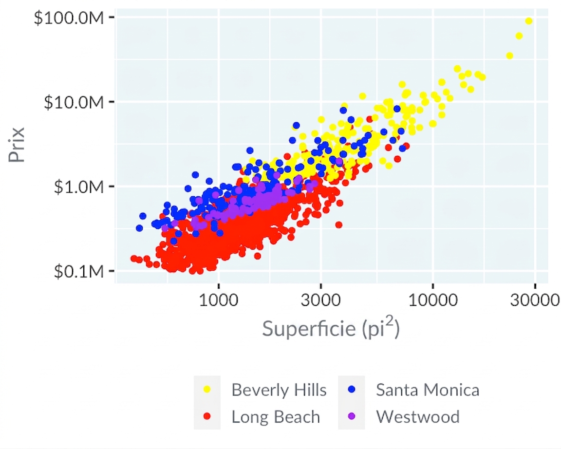 Nuage de points prix vs superficie avec une mauvaise palette de couleurs
