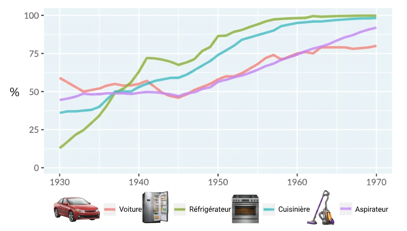 A line plot of technology adoption by households in the United States. The x-axis runs from 1930 to 1970, and the y-axis runs from 0 to 100 percent. There are four lines representing adoption of automobiles, refrigerators, stoves, and vacuums.
