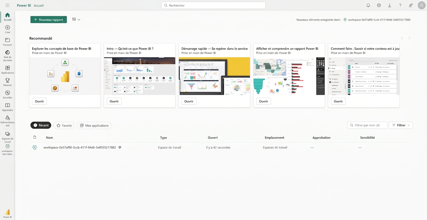Page d'accueil après la connexion à Power BI Service