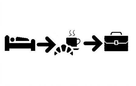 icônes d’une personne au lit, puis un café, puis une mallette