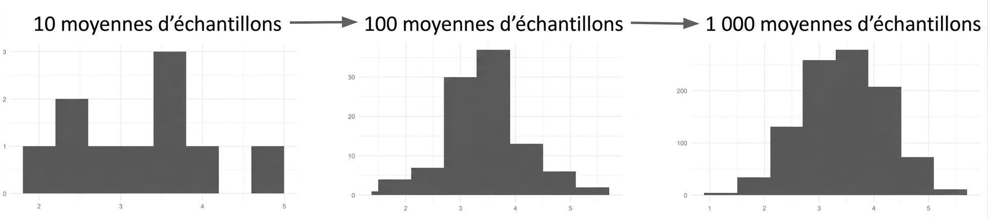 histogrammes de 10, 100 et 1000 moyennes d'échantillon, où plus il y en a, plus la distribution ressemble à une courbe en cloche
