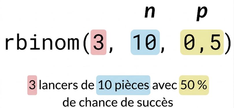 rbinom(3, 10, 0.5) avec 3 en rouge, 10 en bleu, 0,5 en jaune. Texte : 3 (en rouge) lancers de 10 (en bleu) pièces avec 50 % (en jaune) de succès. n est écrit au-dessus du 10 en bleu et p au-dessus du 0,5 en jaune.