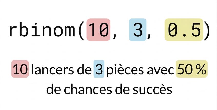 rbinom(10, 3, 0.5) avec 10 en rouge, 3 en bleu, 0,5 en jaune. Texte : 10 (en rouge) lancers de 3 (en bleu) pièces avec 50 % (en jaune) de succès