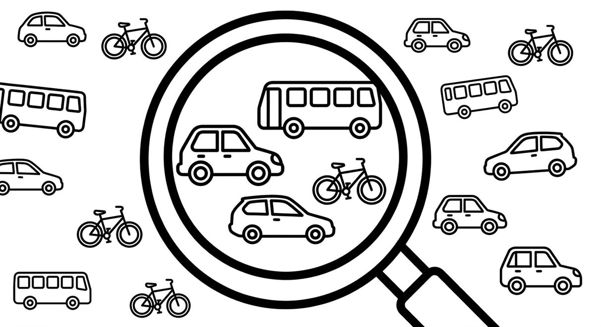 2 voitures, 1 autobus, 1 vélo entourés de plus de voitures, autobus et vélos