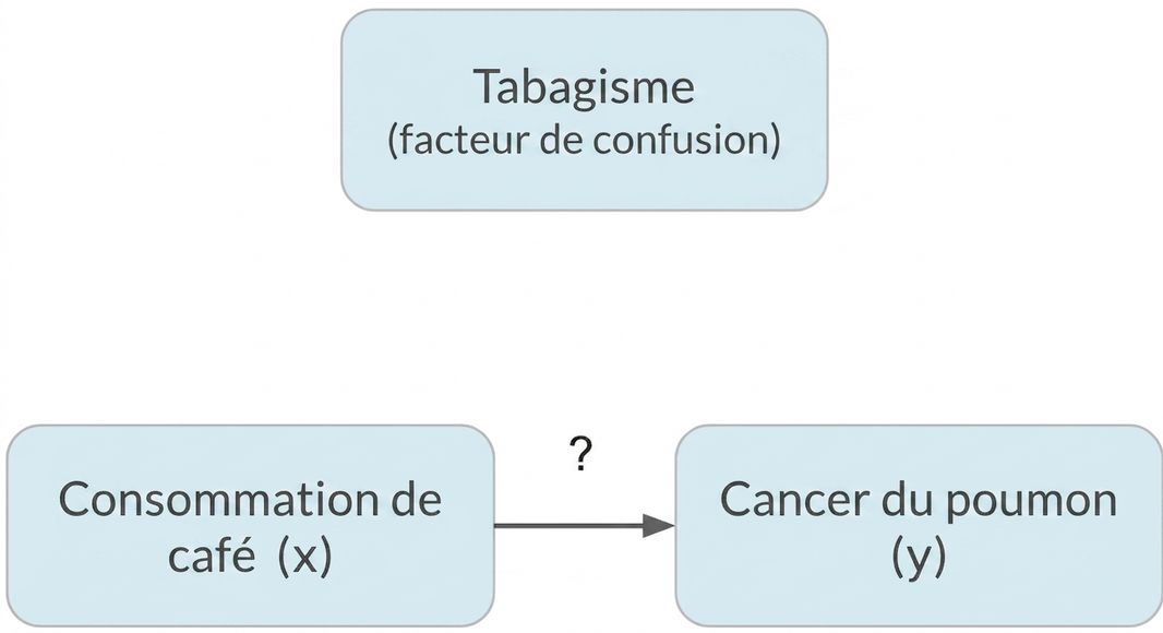 Consommation de café (x) pointant vers cancer du poumon (y) avec tabagisme (facteur de confusion) au-dessus