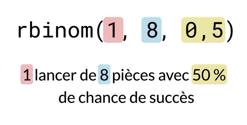 rbinom(1, 8, 0.5) avec 1 en rouge, 8 en bleu, 0,5 en jaune. Texte : 1 (en rouge) lancer de 8 (en bleu) pièces avec 50 % (en jaune) de succès