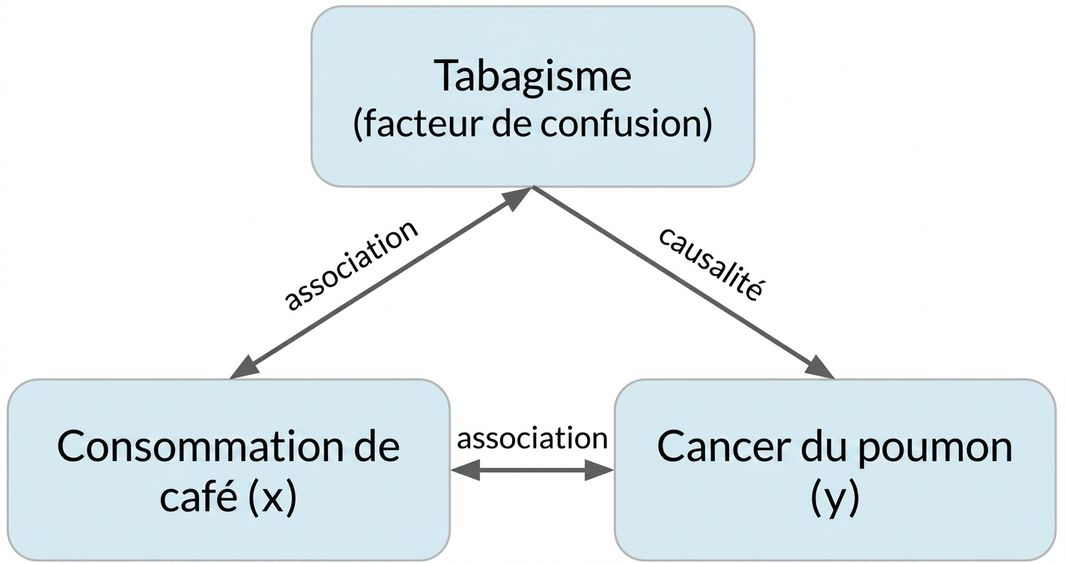 Consommation de café (x) avec double flèche vers cancer du poumon (y), « association ». Double flèche entre tabagisme et café, « association ». Flèche du tabagisme vers cancer du poumon, « causalité ».