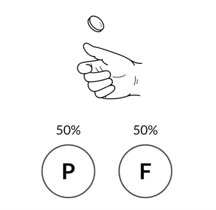 Main lançant une pièce : côté P avec 50 % de probabilité, côté F avec 50 % de probabilité