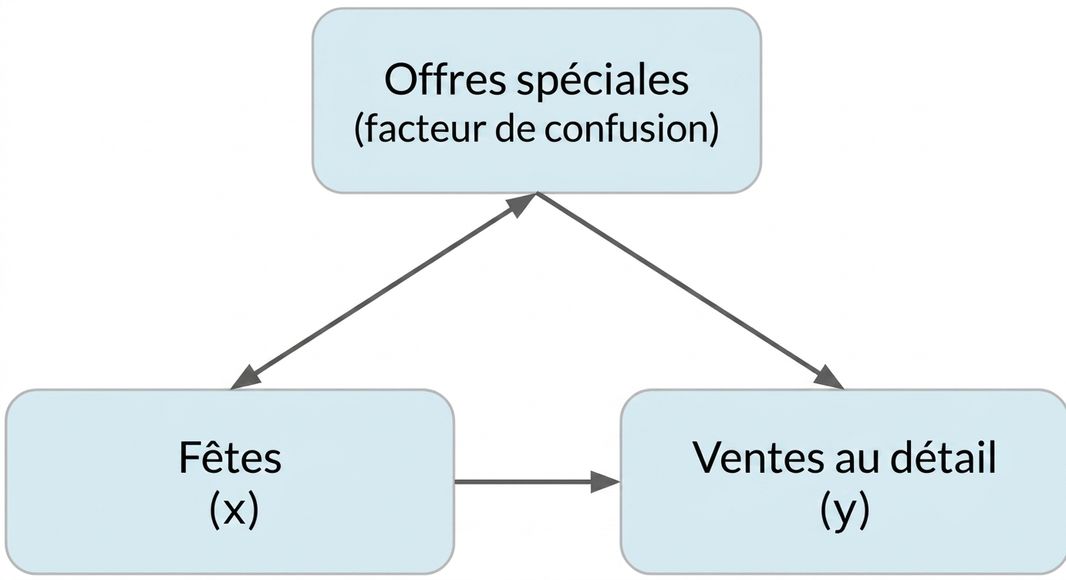 Jours fériés (x) pointent vers ventes au détail (y). Offres spéciales (facteur de confusion) : double flèche avec jours fériés et flèche simple vers ventes au détail.