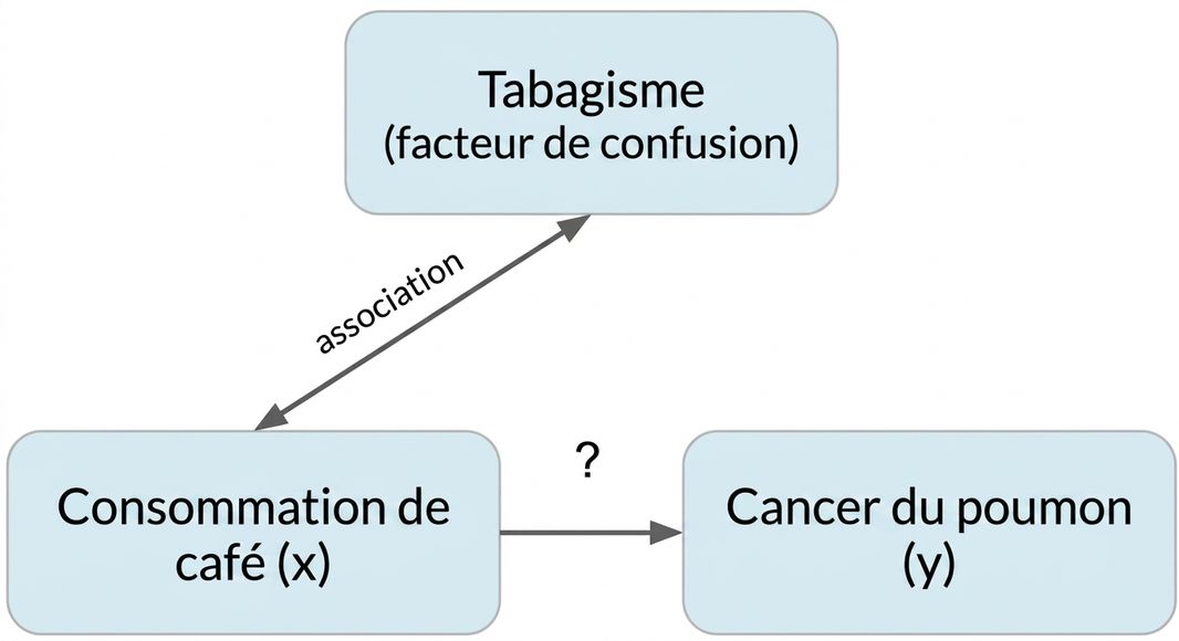 Consommation de café (x) pointant vers cancer du poumon (y) avec tabagisme (facteur de confusion). Double flèche entre tabagisme et café, « association ».