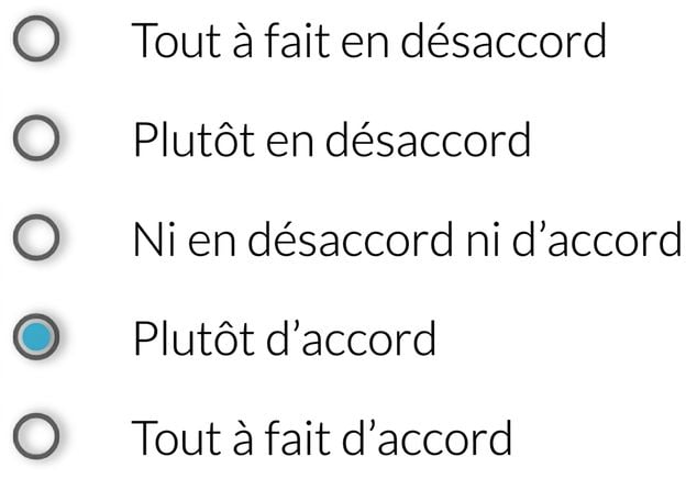 tout à fait en désaccord/plutôt en désaccord/ni en accord ni en désaccord/plutôt d'accord/tout à fait d'accord