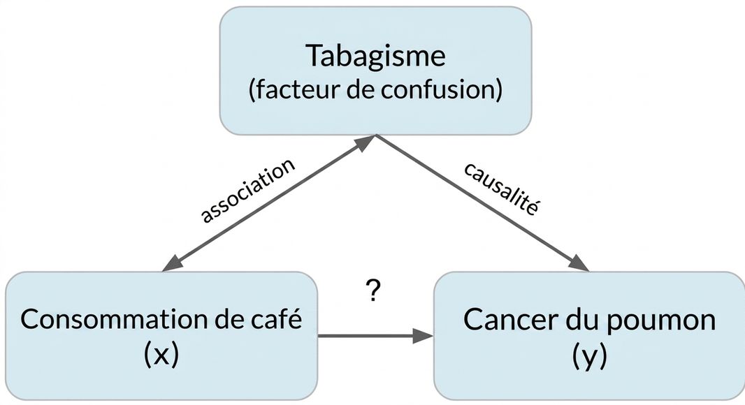 Consommation de café (x) pointant vers cancer du poumon (y) avec tabagisme (facteur de confusion). Double flèche entre tabagisme et café, « association ». Flèche du tabagisme vers cancer du poumon, « causalité ».