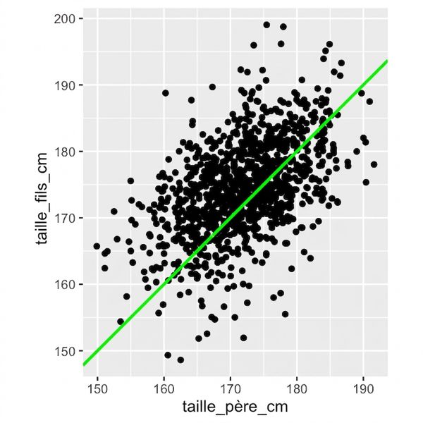 Nuage de points : taille des fils selon la taille des pères, avec une ligne où père et fils auraient la même taille. Plus les pères sont grands, plus les fils le sont.