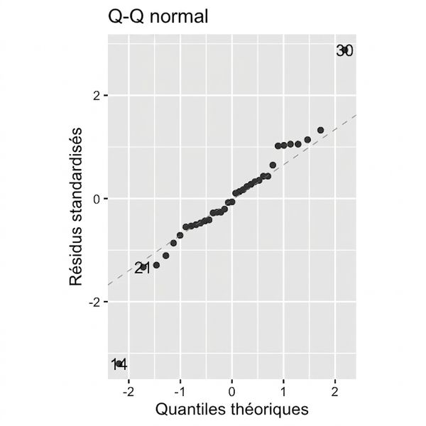 Diagramme Q-Q des résidus normalisés du modèle des brèmes selon les quantiles théoriques. Les points suivent bien la ligne d'égalité, sauf deux valeurs aberrantes.