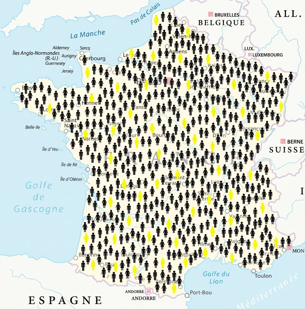 Une carte de la France avec des icônes de personnes, dont certaines sont en surbrillance.