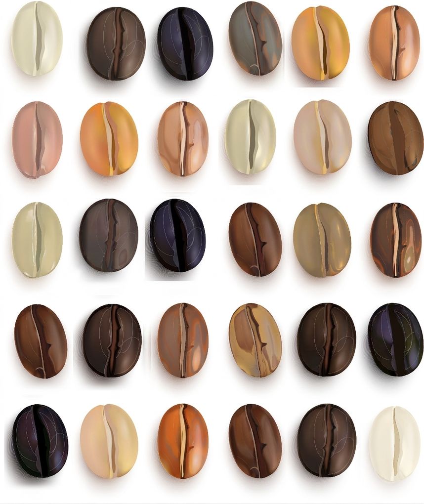 Grains de café disposés en rangées et en colonnes, la plupart grisés sauf ceux sur une diagonale.