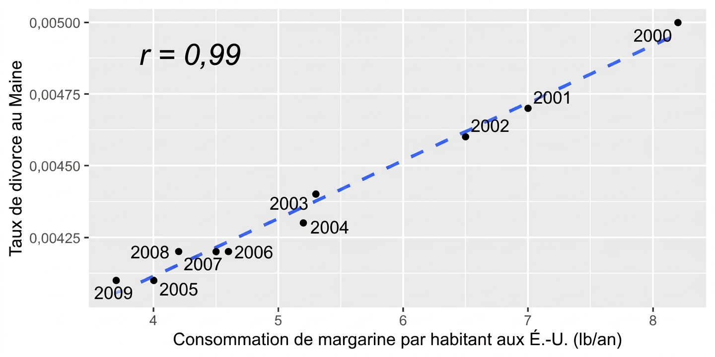 Nuage de points : consommation de margarine par habitant aux É.-U. vs taux de divorce au Maine. Forte corrélation, coefficient 0,99