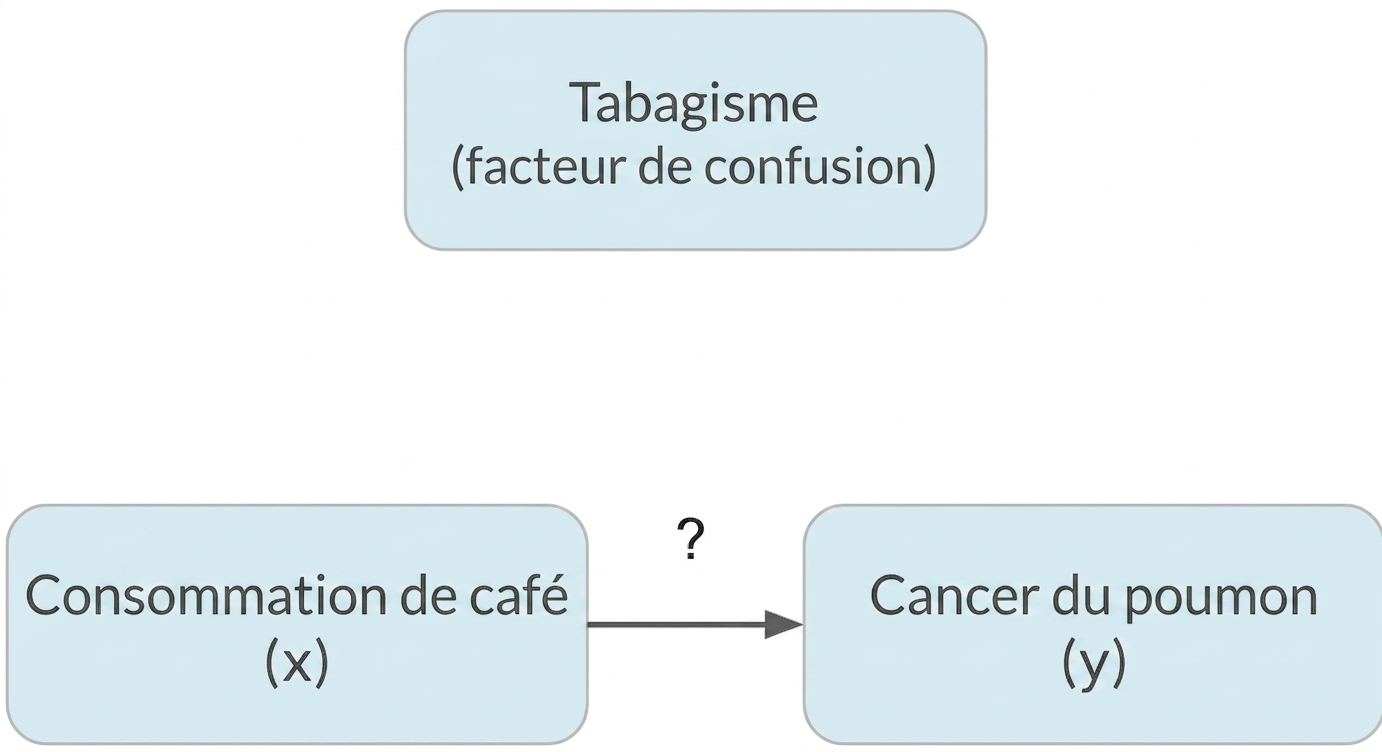 Consommation de café (x) pointant vers cancer du poumon (y) avec tabagisme (facteur de confusion) au-dessus
