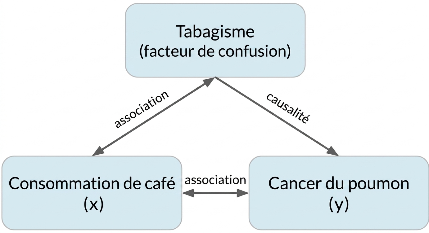 Consommation de café (x) avec double flèche vers cancer du poumon (y) « association ». Double flèche tabagisme↔café « association ». Flèche tabagisme→cancer « causalité ».