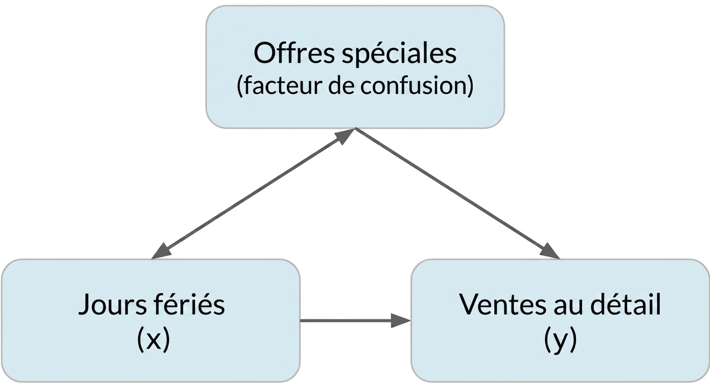 Jours fériés (x) pointent vers ventes au détail (y). Promotions (facteur de confusion) a une double flèche avec jours fériés et une flèche vers ventes au détail.