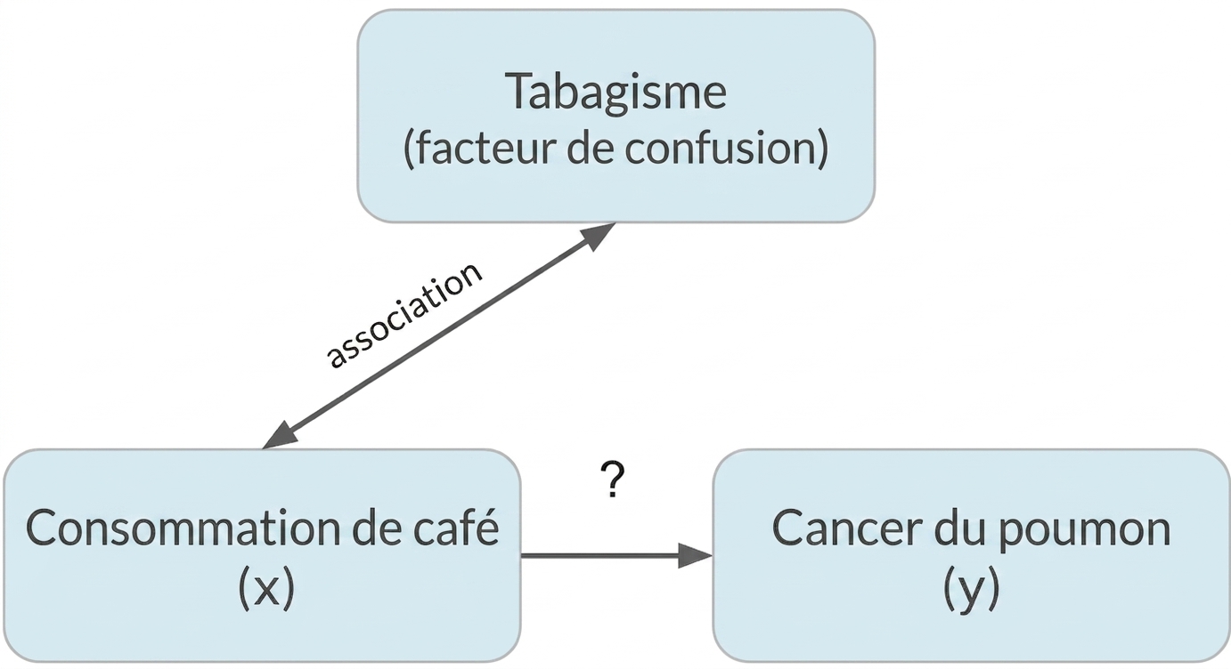 Consommation de café (x) pointant vers cancer du poumon (y) avec tabagisme (facteur de confusion). Double flèche entre tabagisme et café, « association ».