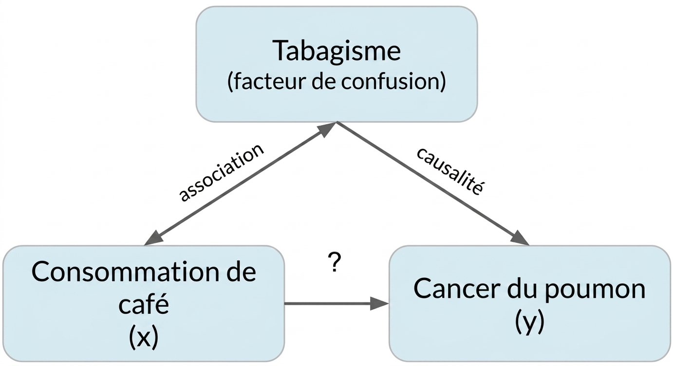 Consommation de café (x) pointant vers cancer du poumon (y) avec tabagisme (facteur de confusion). Double flèche tabagisme↔café « association ». Flèche tabagisme→cancer « causalité »