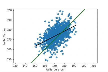 Le nuage de points fils vs pères, avec une droite de tendance linéaire. Cette droite est moins pentue que la ligne où pères et fils auraient la même taille.