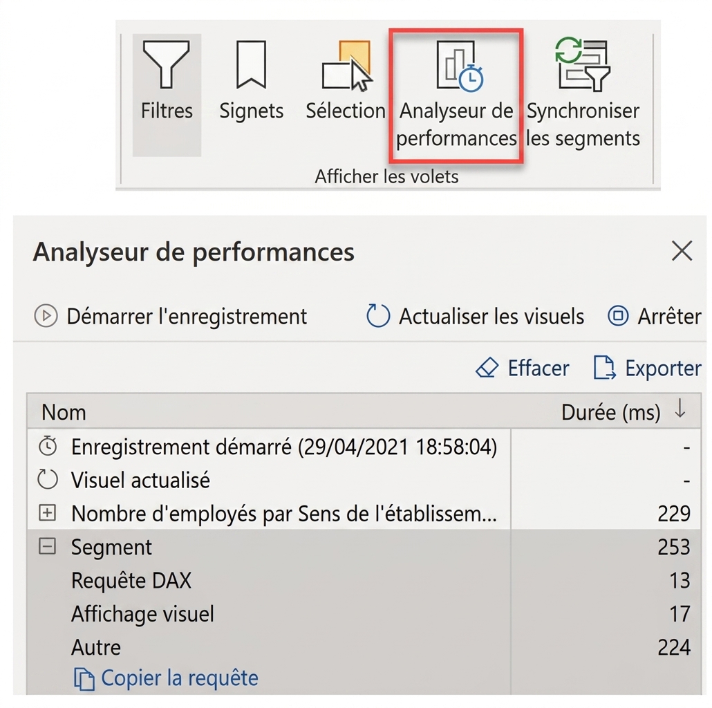 Captures de l'Analyseur de performance dans Power BI