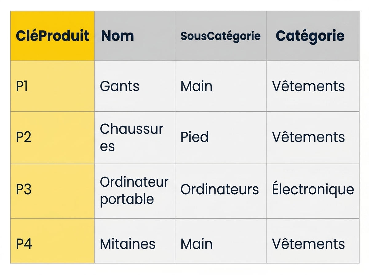 Exemple de table pour la hiérarchie de produits dans un schéma en étoile