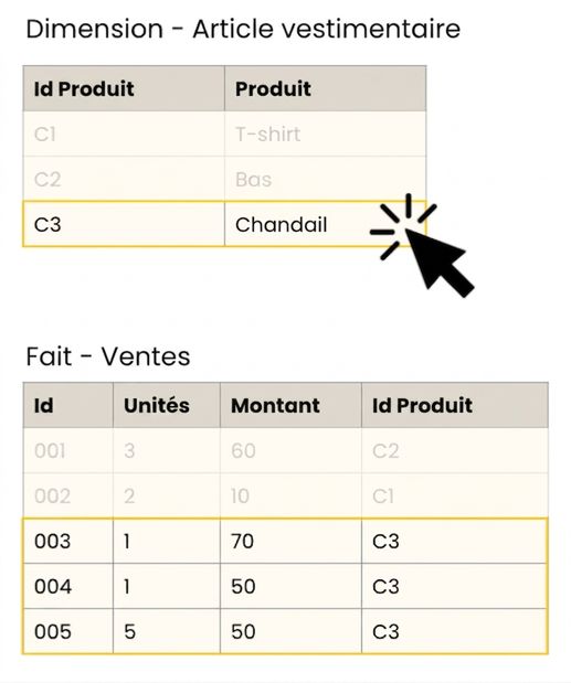 Vue détaillée des tables de faits et de la dimension Article de vêtement.