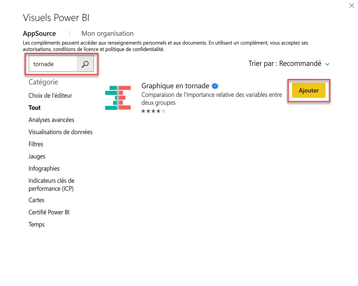 Ajout d'un diagramme en tornade à Power BI via Microsoft AppSource