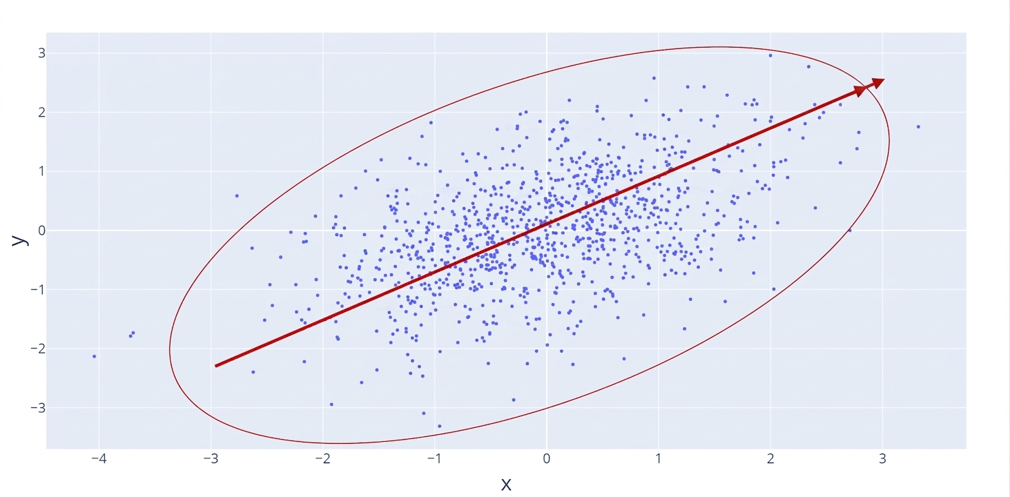 Nuage de points avec une ligne rouge montrant une relation positive croissante. Un cercle rouge encadre des points plus dispersés, indiquant une relation faible.