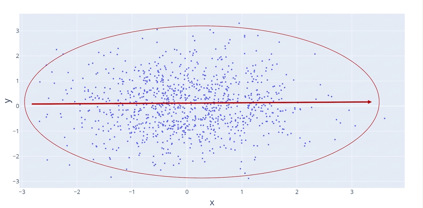 Nuage de points avec une ligne rouge plate, indiquant l'absence de relation. Un cercle rouge encadre des points plus dispersés, indiquant une relation faible.