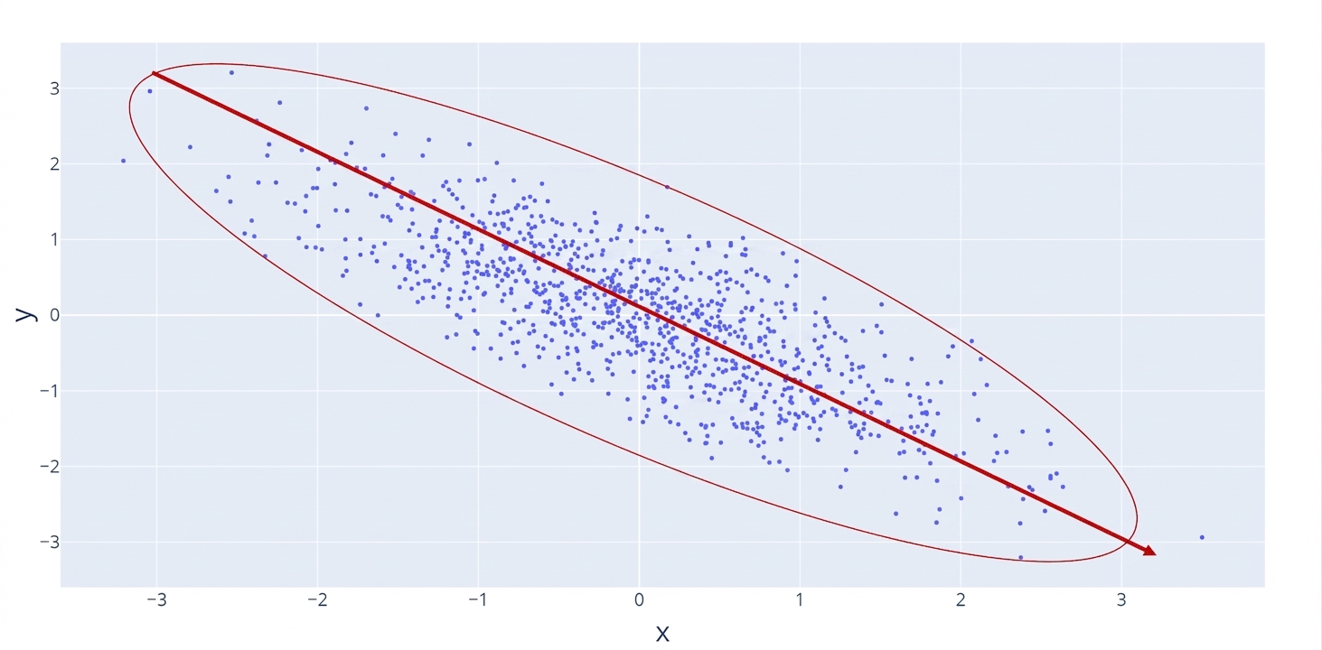 Nuage de points avec une ligne rouge montrant une relation négative décroissante. Un cercle rouge encadre les points, très regroupés.