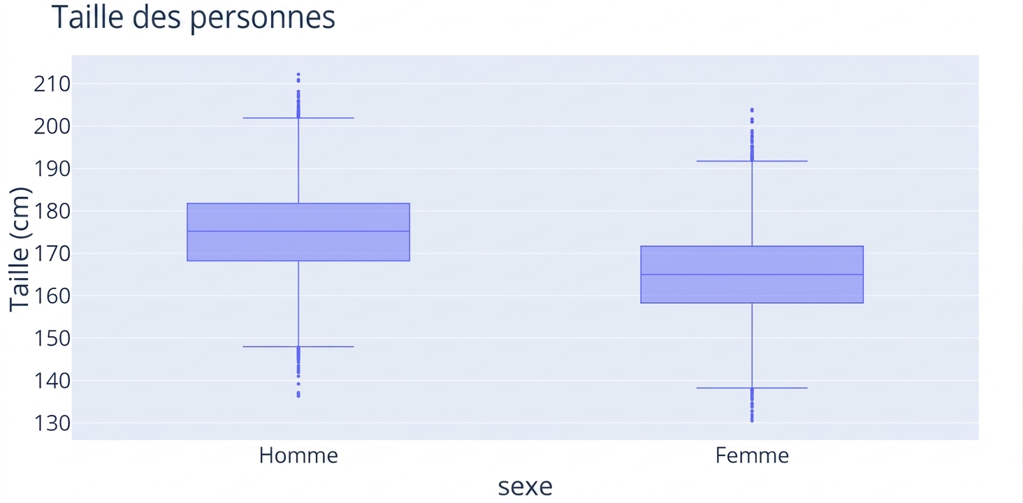 Deux boîtes à moustaches — une pour « male » et une pour « female » — montrant la distribution des tailles dans chaque groupe. Les deux ont une largeur égale, mais celle de « male » est plus haute sur l'axe des y.