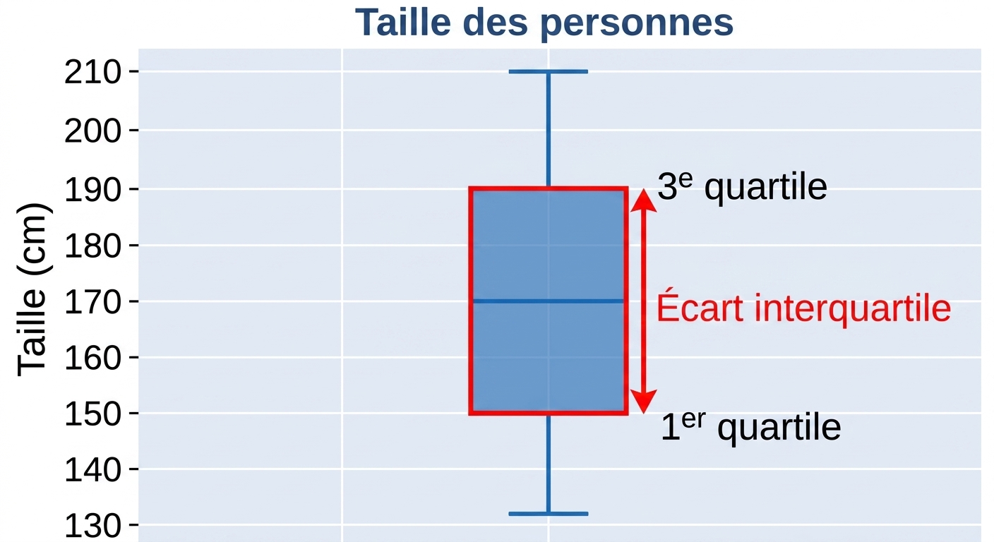 Un boîte à moustaches des tailles de personnes. Les tailles, en centimètres, sont sur l'axe des y. Un contour rouge entoure la « boîte » du diagramme.