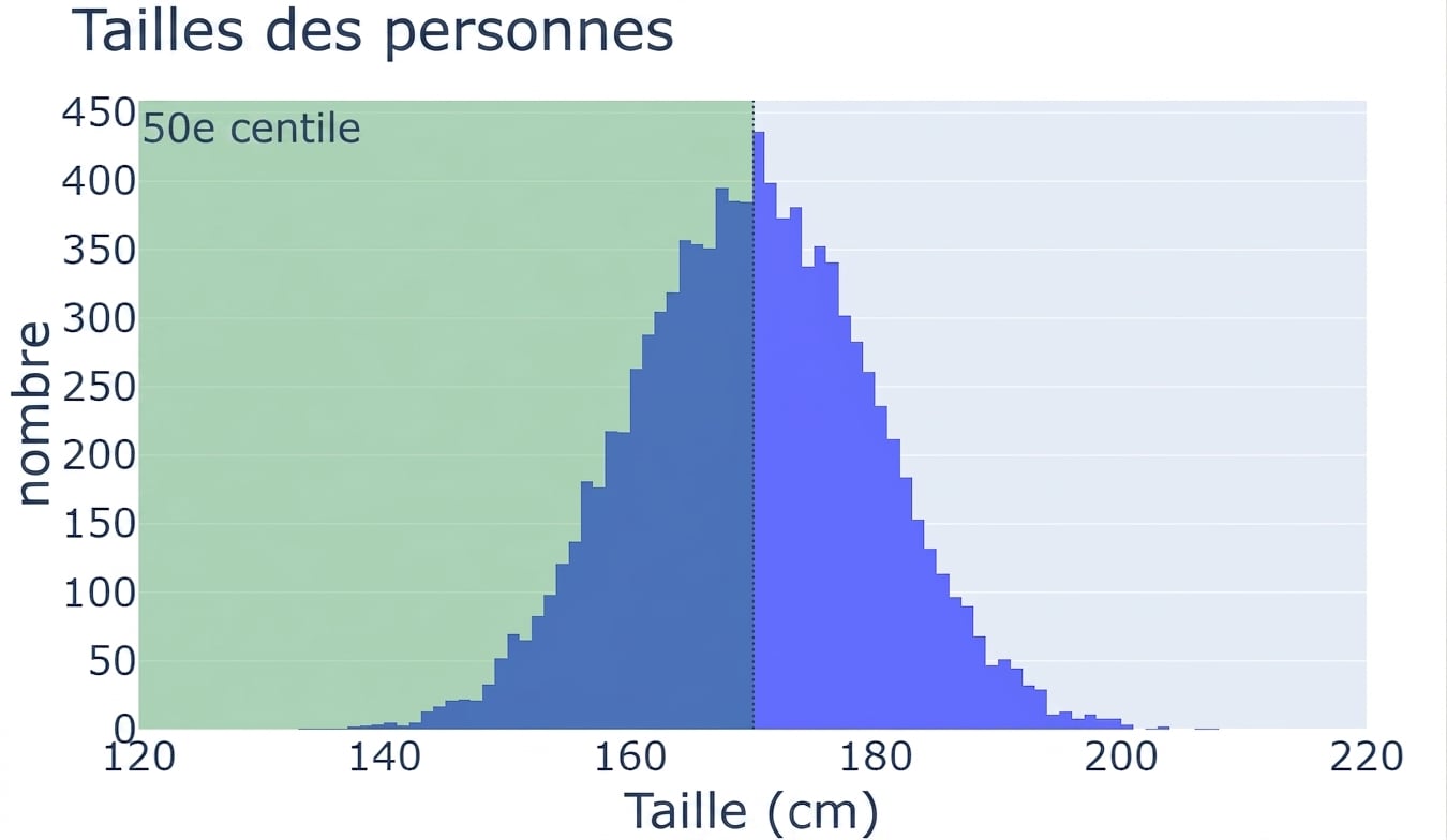 Un histogramme des tailles de personnes : valeurs des tailles sur l'axe des x et nombre d'observations sur l'axe des y. Une zone verte ombrée du centre vers la gauche représente le 50e centile.