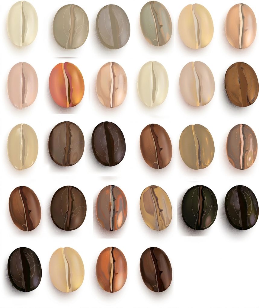 Grains de café en rangées et colonnes, tous grisés sauf trois.