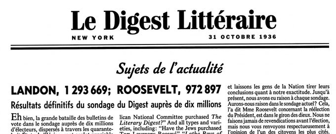 Une une du Literary Digest de 1936 présentant des prédictions électorales. Landon devait obtenir 1,3 million de votes et Roosevelt un peu moins de 1 million.